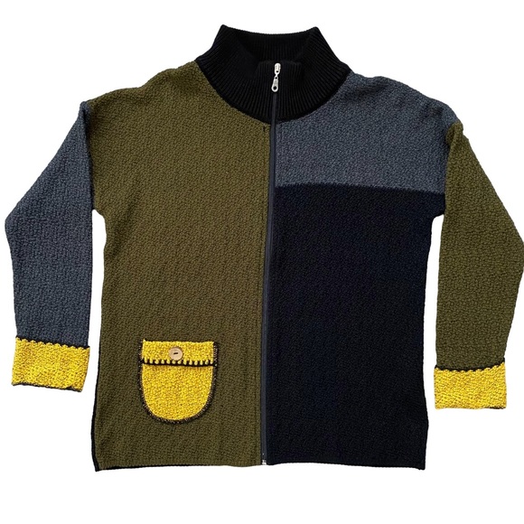 Colorblock Zip Up Cardigan Sweater Medium Women’s Knit Jacket Retro Patchwork - Picture 1 of 8